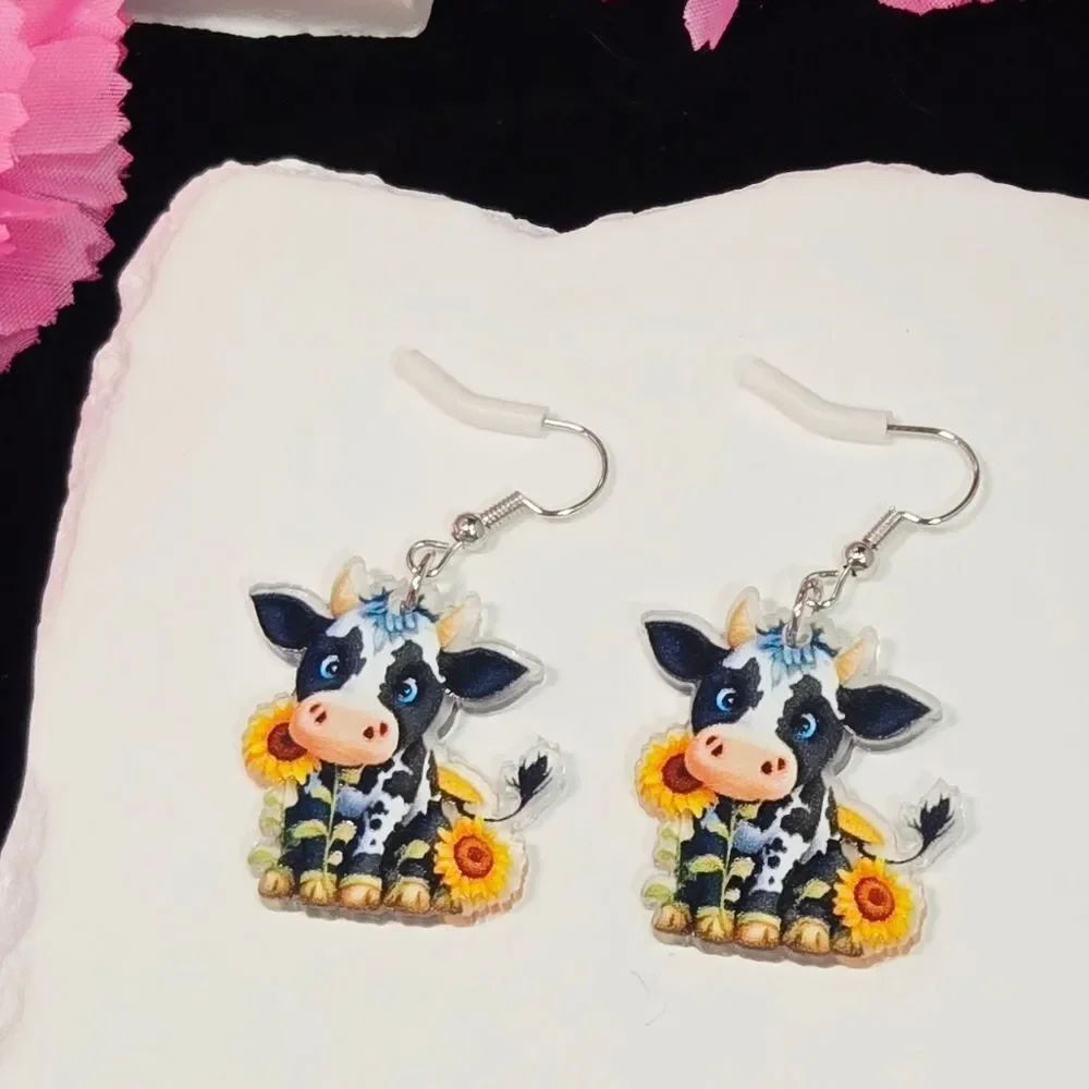 Holstein Cow Sunflower Earrings – Cute Farmcore Acrylic Dangles Dairy Cow